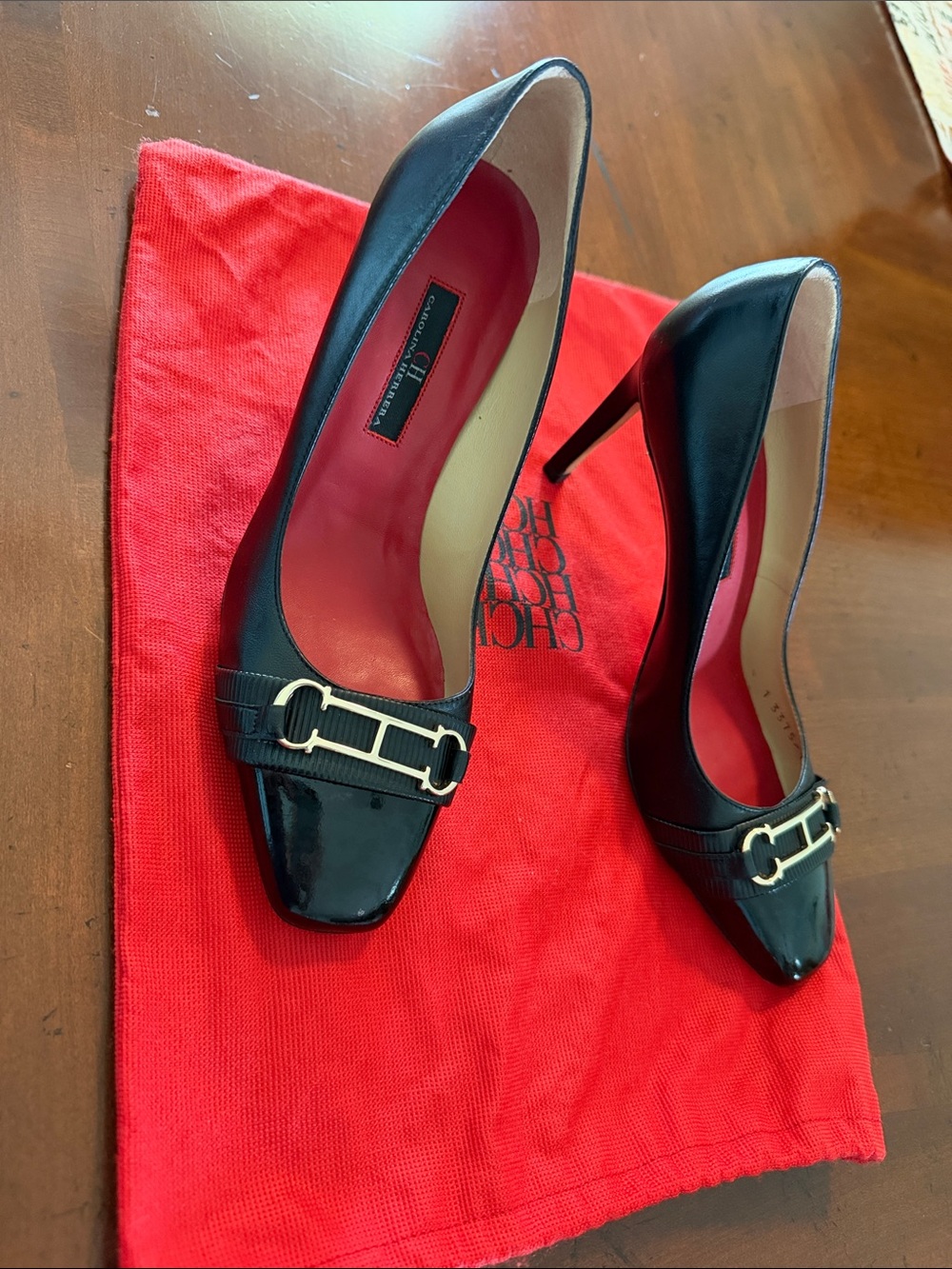 Carolina Herrera Black Leather Pointed-Toe Pumps with Gold Hardware